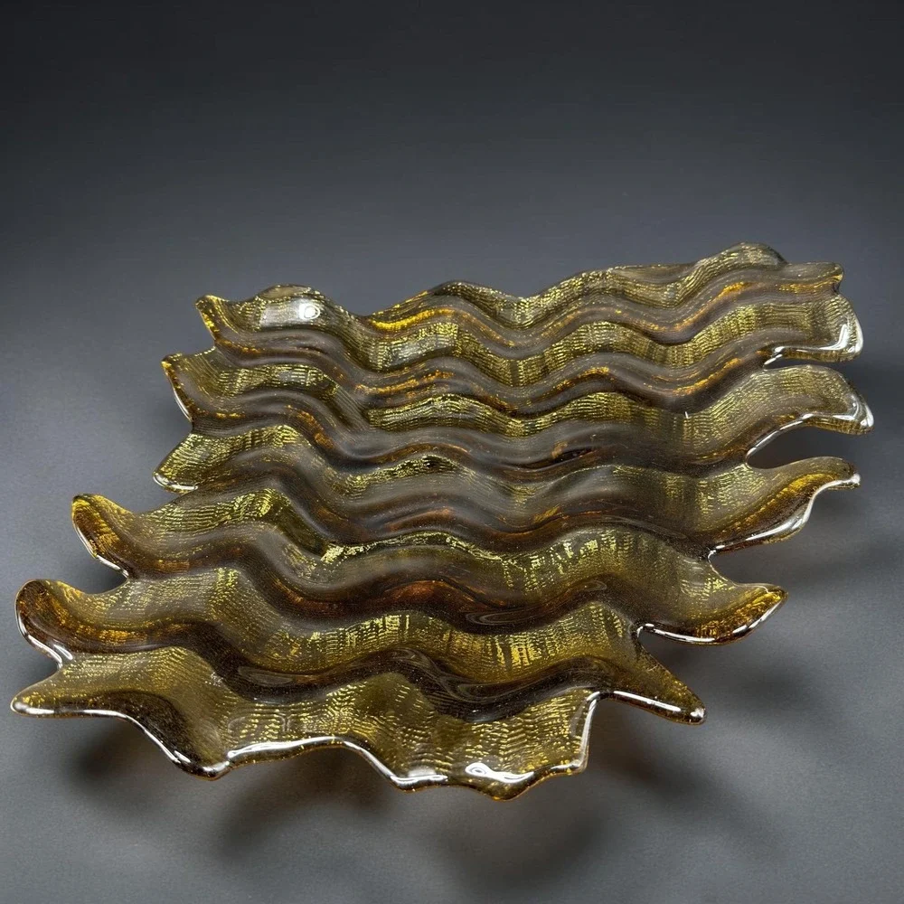 Hudson Beach Amber Gold Textured Wavy Art Glass Centerpiece Bowl 13in Blown